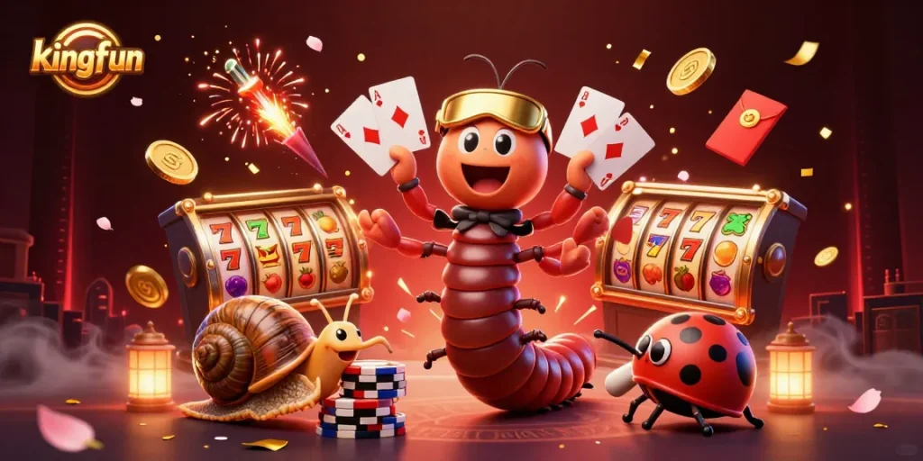 Experience kingfun's vibrant gaming scene with a cartoon dealer and high-roller amidst lively casino elements.