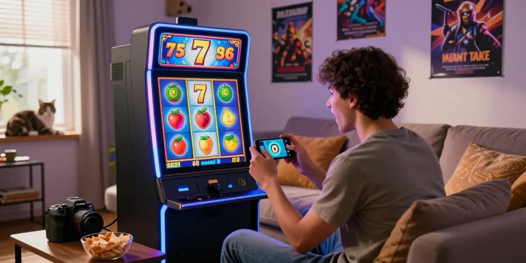 Engaging user enjoying situs slot deposit 10 ribu on smartphone in cozy gaming environment.