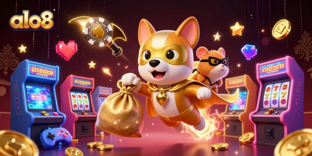 Experience the excitement of alo8 as the superhero dog flies through a vibrant casino world filled with gold coins and gaming elements.
