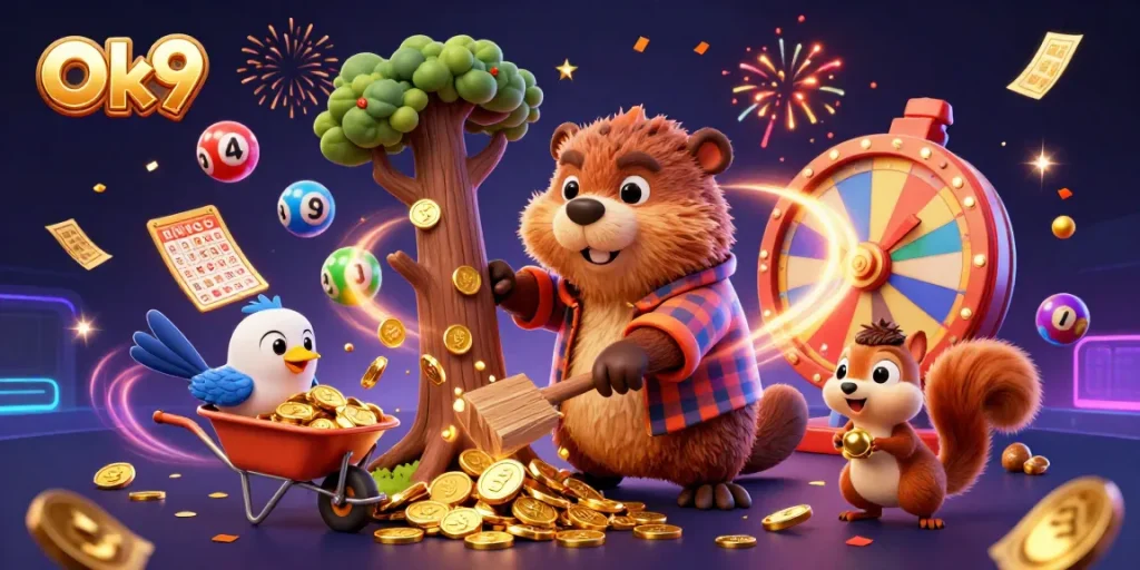 Engaging Ok9 scene with a cartoon beaver, bird, and squirrel celebrating a jackpot with golden coins raining down.