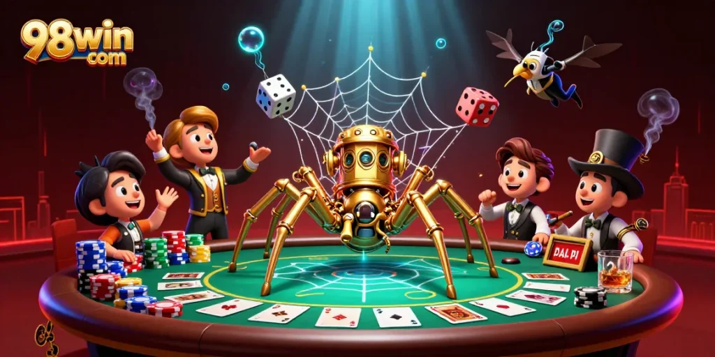 Experience thrilling wins at 98win com, with a steampunk spider weaving in poker chips and dice.