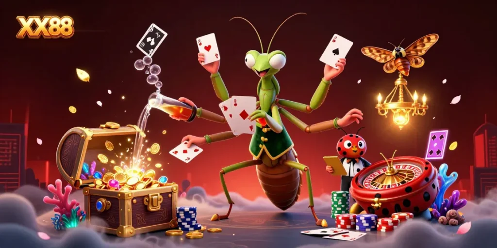 Engaging scene of XX88 featuring a cartoon mantis and ladybug in a vibrant casino environment.