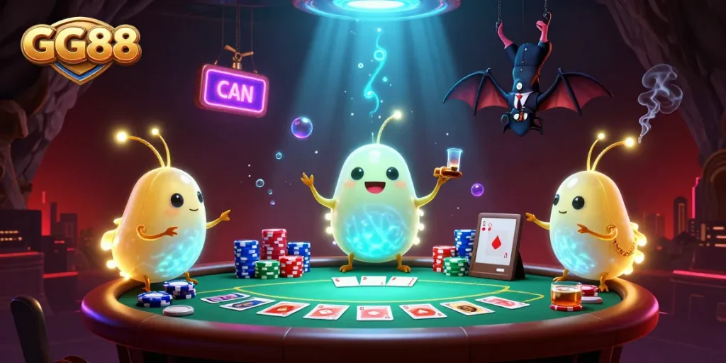 GG88 illuminates a vibrant cave casino with unique glowworms and poker elements.
