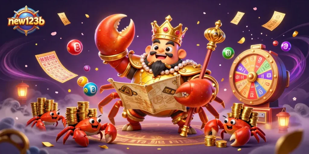 Experience thrilling games at new123b with a rich 3D casino scene featuring vibrant lottery elements.