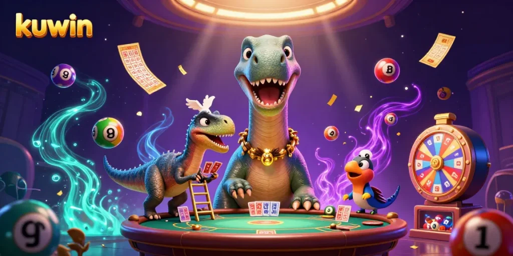 Experience thrilling bets with kuwin at an animated casino scene filled with vibrant lottery elements.