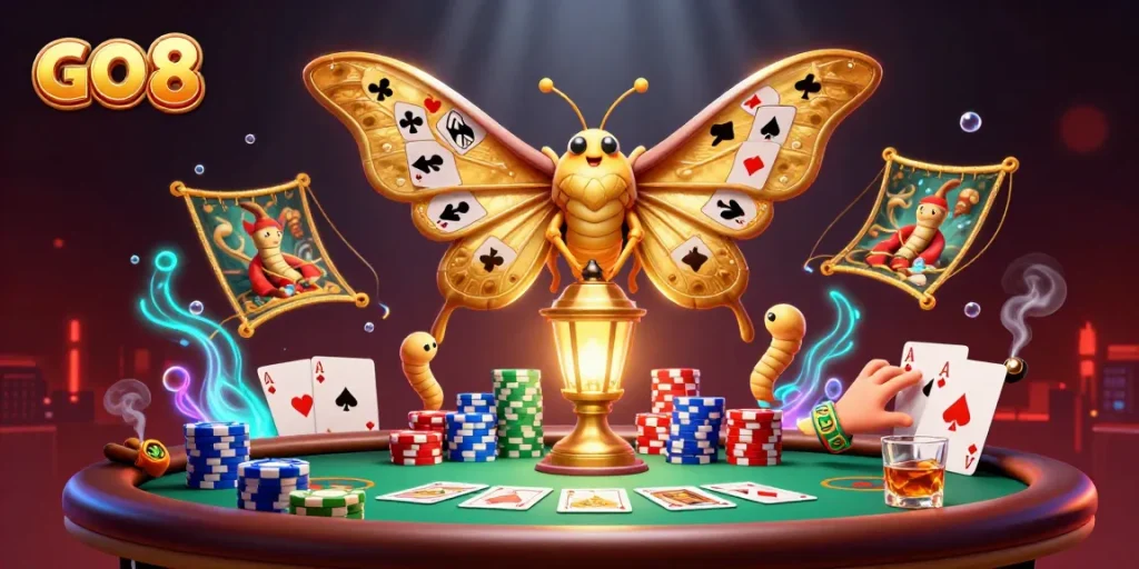 Engage with GO 8, a vibrant casino scene featuring a moth and immersive gaming elements.
