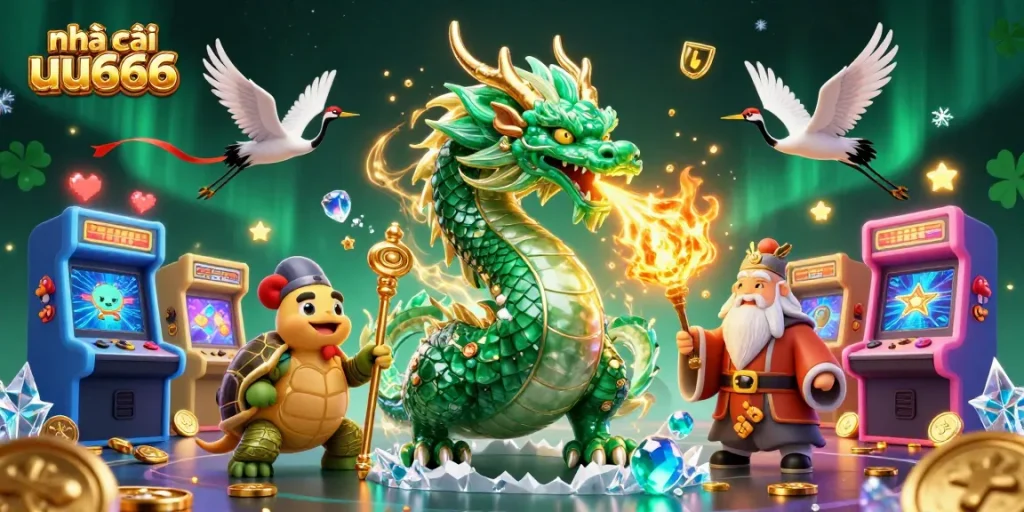 Experience the excitement of nhà cái uu666 with vibrant casino elements and lucky characters.
