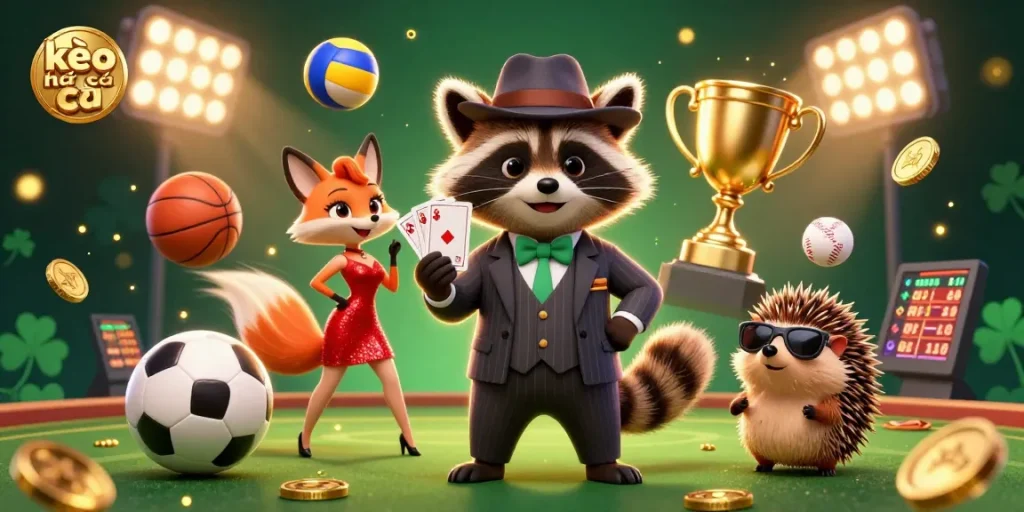 Engage with kèo nhà cái as a suave raccoon and lady fox embody vibrant sports betting action.