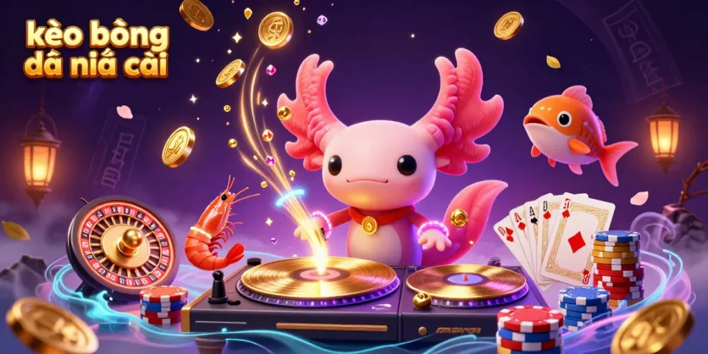 Engaging scene showcasing kèo bóng đá nhà cái with vibrant axolotl DJ, golden coins, and dazzling poker chips.