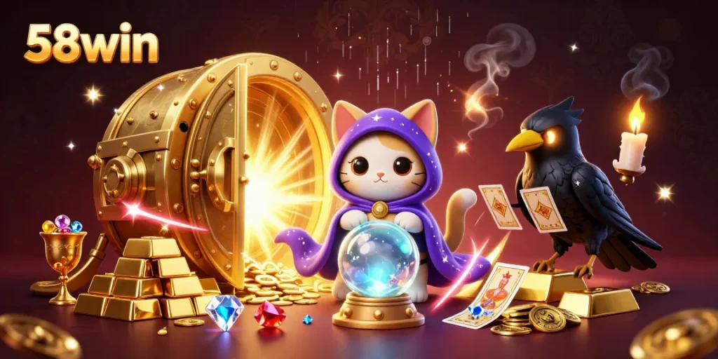Experience the vibrant energy of 58win with a mystical casino scene showcasing fortune tellers, gems, and riches.