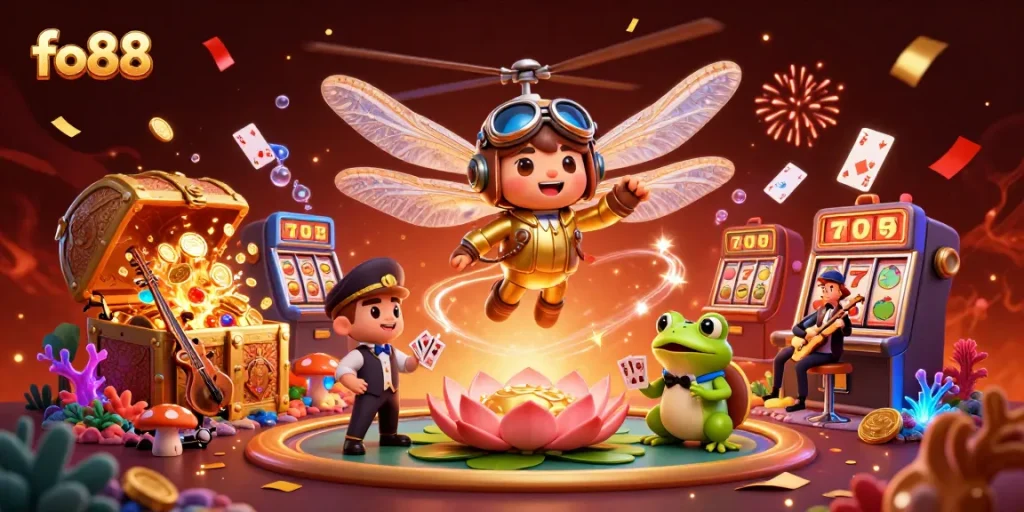 Engage in thrilling fo88 slots adventure amidst a vibrant casino scene with stunning characters.