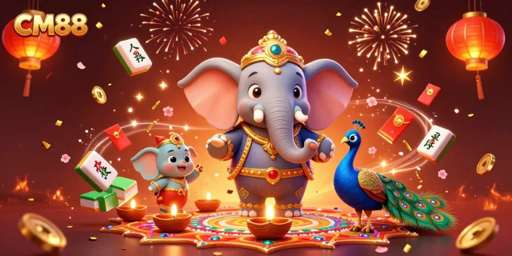 Experience the excitement of CM88 with festive casino elements and vibrant 3D characters.