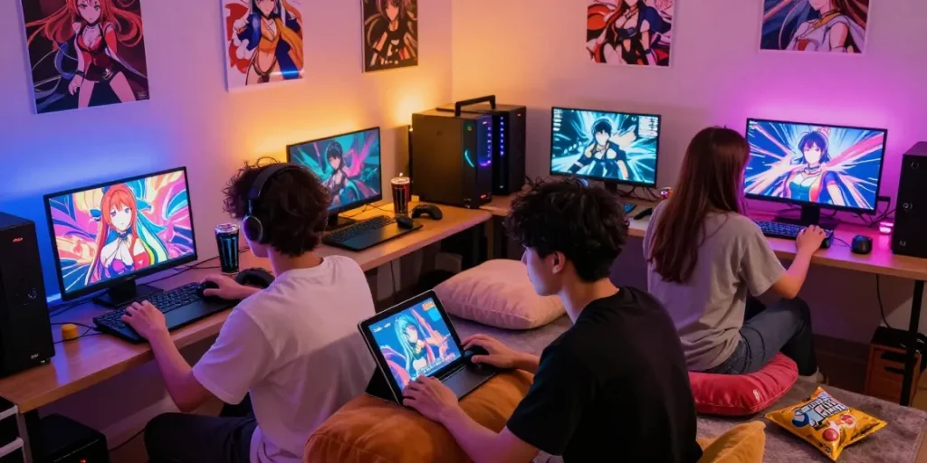 Players enjoying ecchi games online in a vibrant gaming setup, showcasing immersive visual experiences and community engagement.
