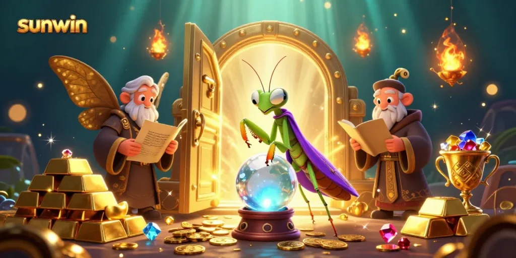 Experience thrilling wins at sunwin with vibrant casino elements and enchanting characters in this dynamic illustration.