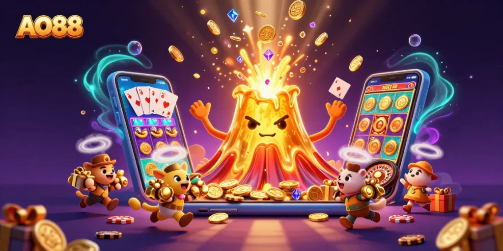 AO88 shines as a golden volcano erupts treasures amidst an exciting digital casino setting.