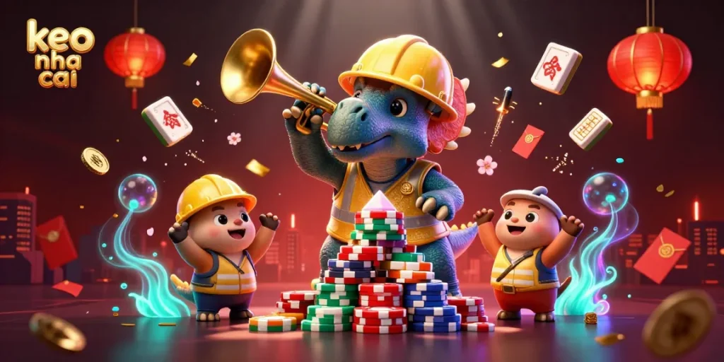 Celebrate keo nha cai strategies with a dynamic triceratops and gaming elements in a vibrant casino scene.