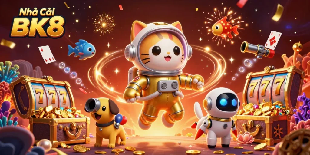 Engage in the thrill of Nhà Cái BK8's captivating casino experience with vibrant characters and dynamic elements.
