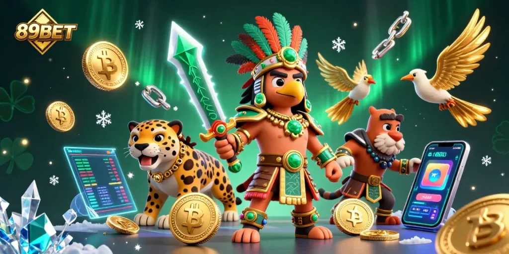 Engage in thrilling casino adventures with 89BET, featuring vibrant 3D warriors and crypto elements.