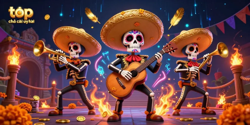 Experience the top nhà cái uy tín with a vibrant 3D carnival scene featuring a skeleton mariachi band performing amidst an atmospheric casino.