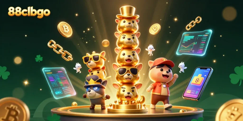 Spin and win with 88clbgo in this dynamic casino scene featuring vibrant totem characters and cryptocurrency elements.