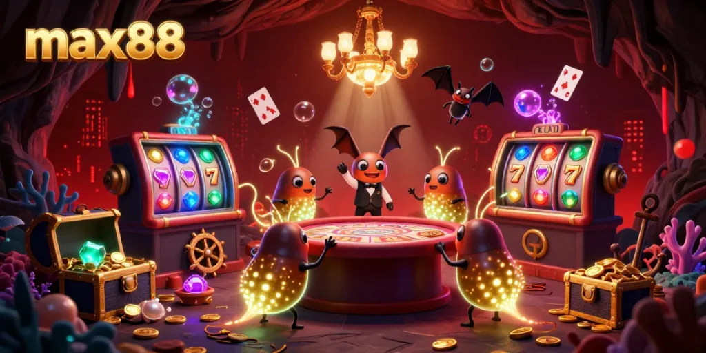 Experience the excitement of max88 with a vibrant 3D casino scene featuring glowing characters and dynamic gaming elements.