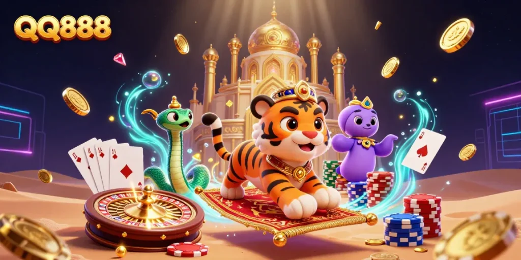 Experience thrilling action at QQ888 with vibrant casino elements and enchanting characters.