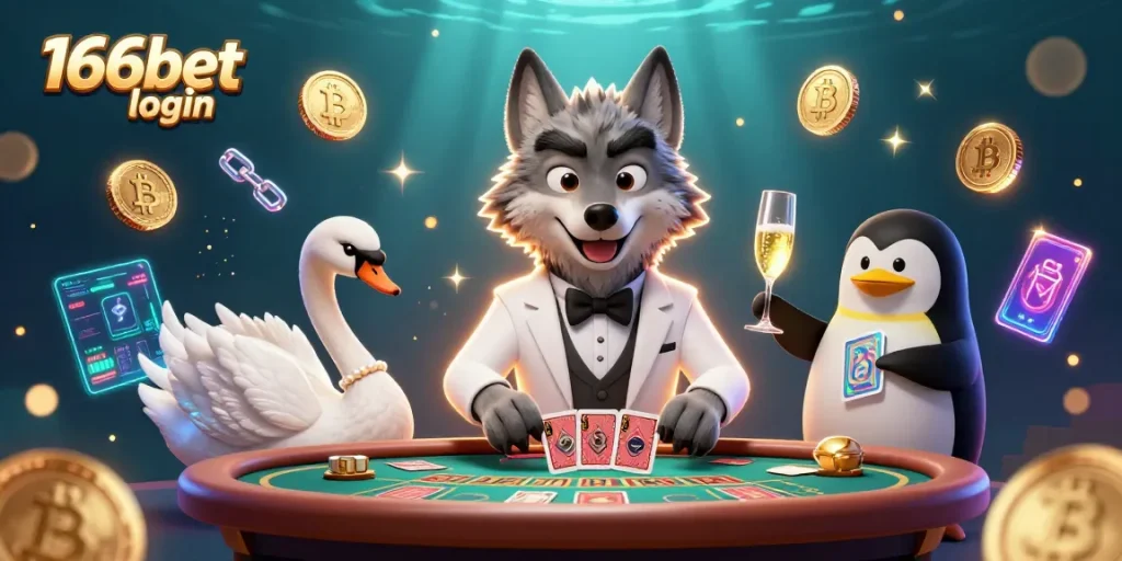Experience 166bet login in a vibrant casino scene with stunning characters and neon cryptocurrency elements.