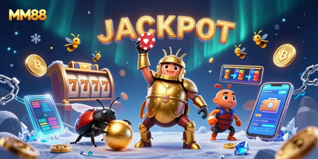 MM88 offers a vibrant casino experience with a victorious beetle character celebrating jackpots and crypto.