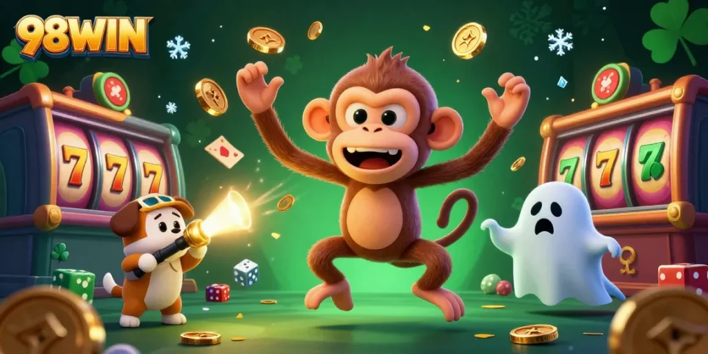 Experience the thrilling world of 98WIN with this vibrant 3D casino illustration featuring mischievous elements.