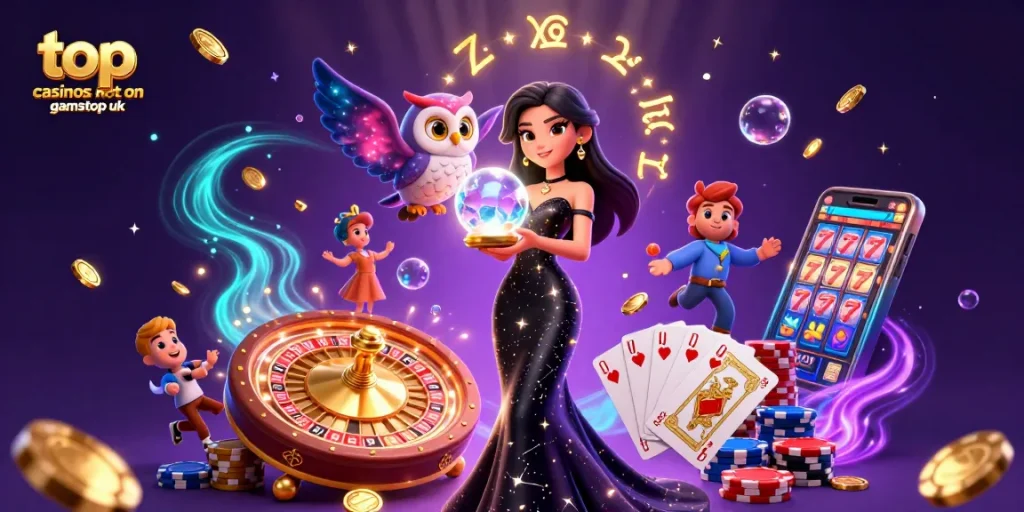 Experience the thrill at top casinos not on gamstop uk with vibrant 3D illustration of gaming elements.