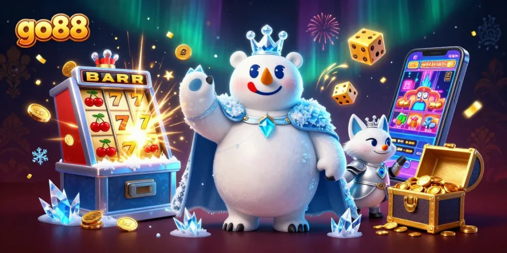 Experience the thrill with go88's cartoon illustration featuring slot machines and coins exploding in excitement.