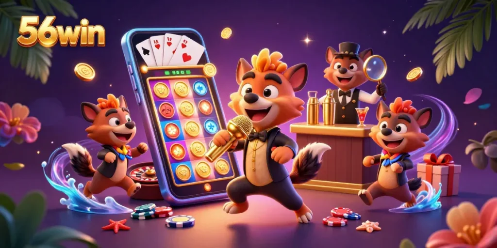Experience the vibrant 56win casino scene with hyenas entertaining and vibrant gaming elements.