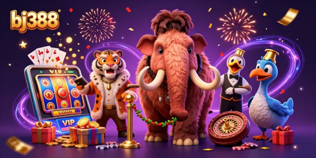 BJ388 engaging scene with a woolly mammoth bouncer at a vibrant casino doorway, welcoming players.