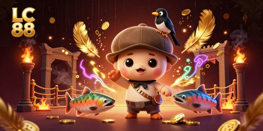Engage in exciting gaming adventures with LC 88 featuring playful characters, gold coins, and vibrant casino elements.