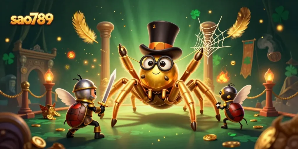 Sao789 presents a vibrant 3D casino adventure with a golden tarantula and beetle knight.