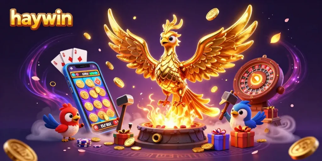 Play thrilling slot games at Haywin, featuring a golden phoenix and exciting casino elements.