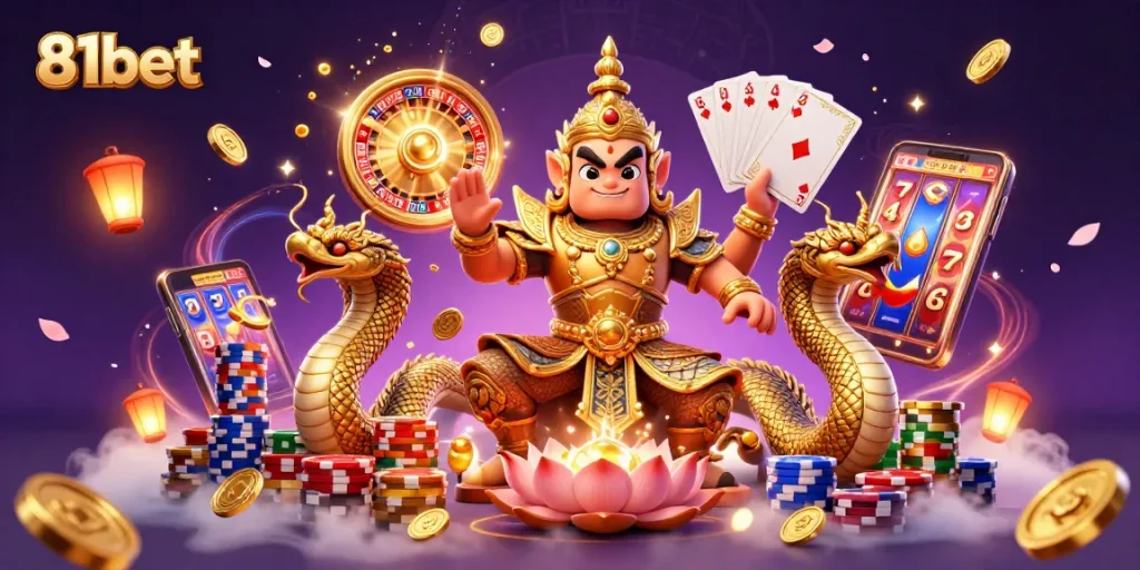 Experience thrilling wins with 81bet, featuring dynamic casino elements like coins and cards.