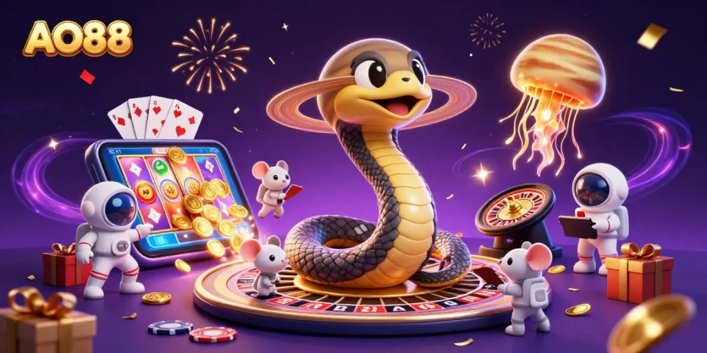 Experience thrilling action at AO88 casino with vibrant games and engaging characters in a dynamic 3D illustration.