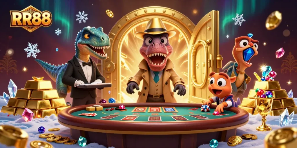 RR88 velociraptor card counter at blackjack, stegosaurus pit boss, and compy pickpocket in a rich casino setting.