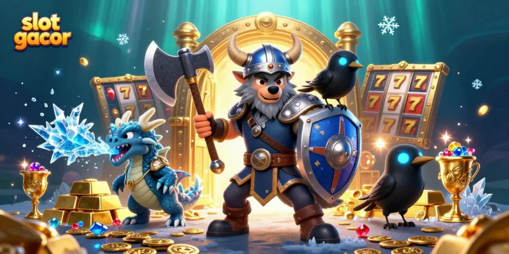 Experience slot gacor excitement with a Viking warrior, dragon, and treasure in a vibrant 3D scene.