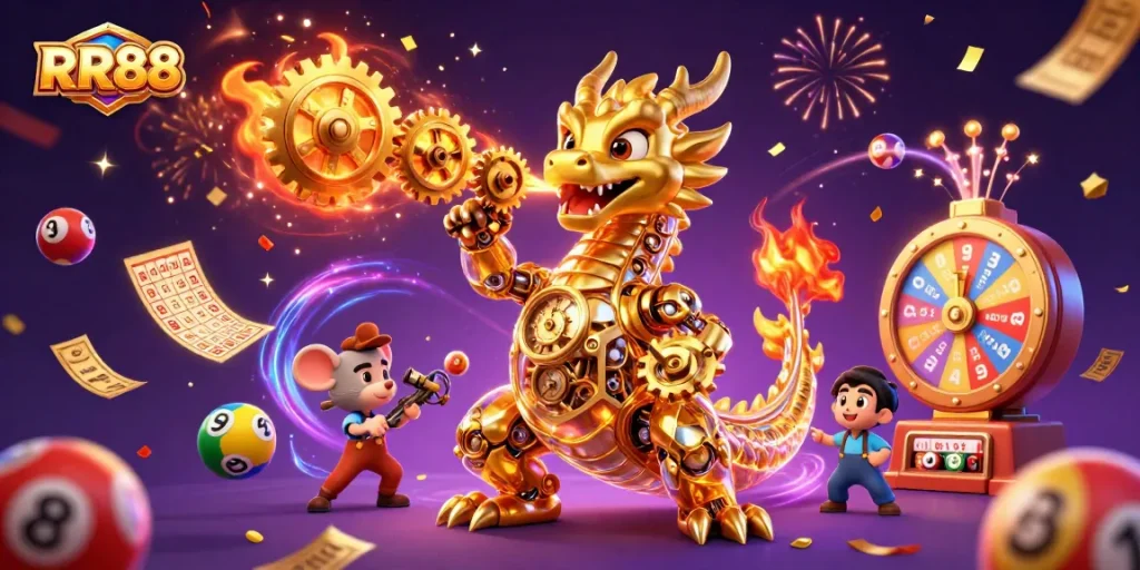 RR88 gaming scene blending a majestic dragon and rich lottery elements, captivating players.