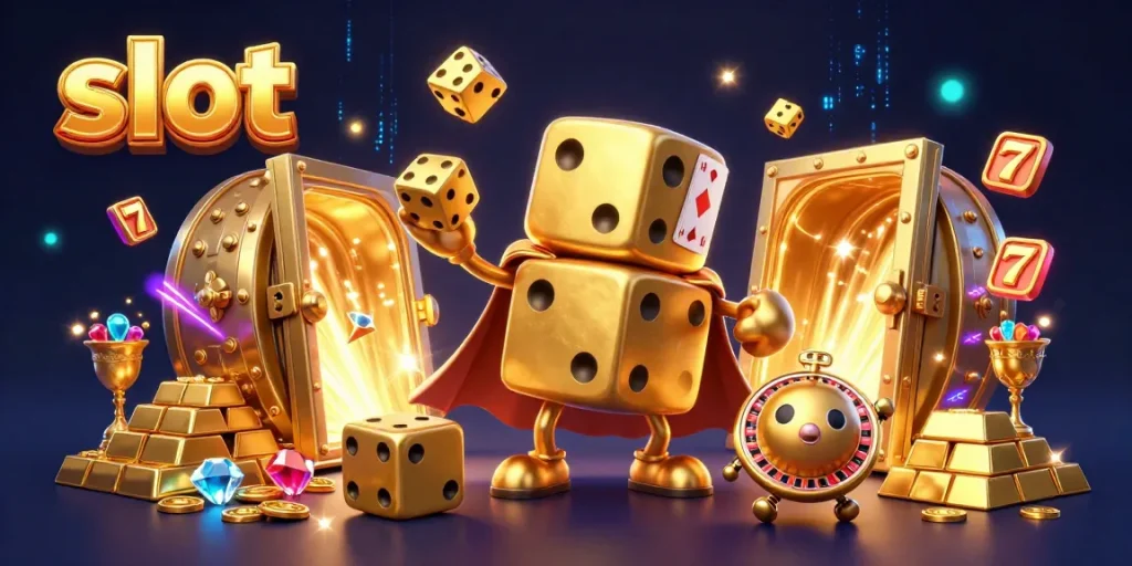 Spin the slot reels and experience astonishing wins with vibrant golden casino-themed illustration.