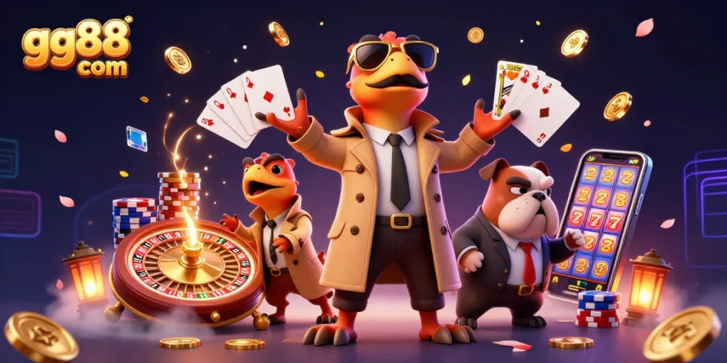 Experience thrilling action at GG88 com with raptors dressed in a trench coat entering a VIP casino lounge.