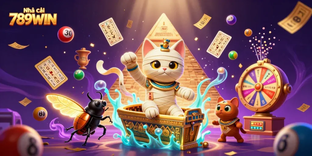 Engaging scene of Nhà cái 789WIN featuring bursting Egyptian mummy and animated games.