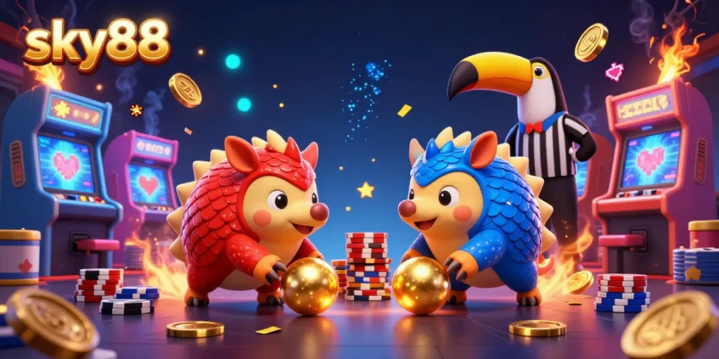 Engage in thrilling casino action with sky88 as pangolins bowl through poker chips in a vibrant environment.