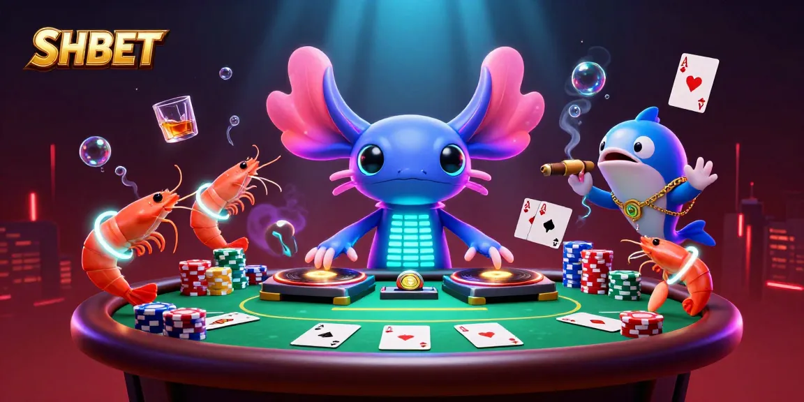 Experience excitement at SHBET with 3D axolotl DJ spinning at vibrant poker tables.