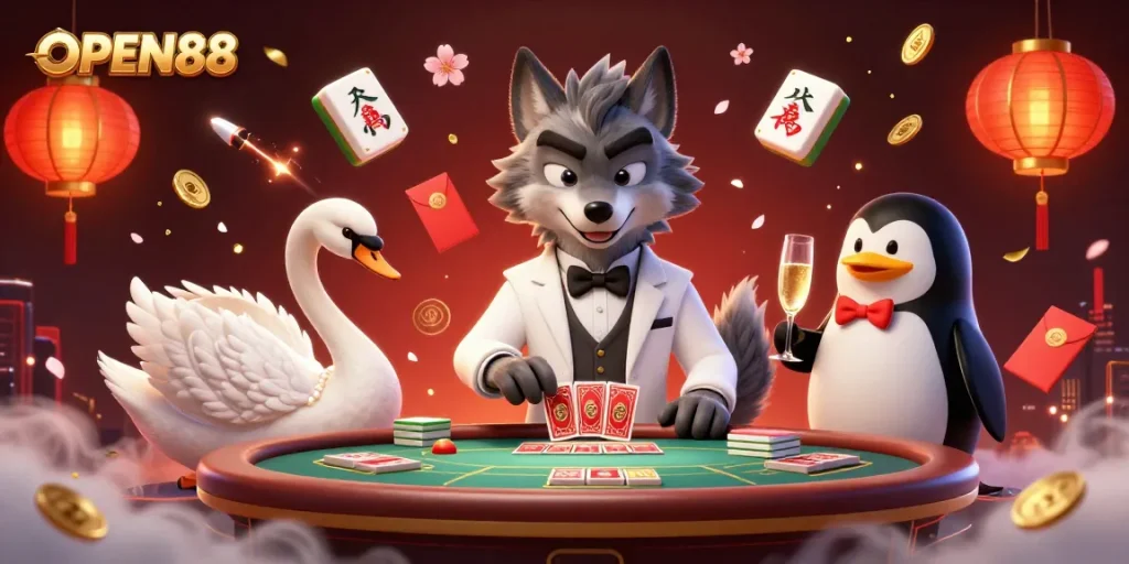 OPEN88 showcases vibrant 3D casino scene with debonair wolf and elegant characters.