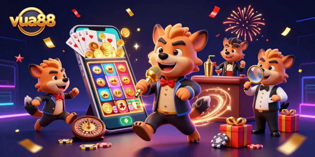 Experience lively entertainment and action with vua88's vibrant casino characters in a dynamic scene