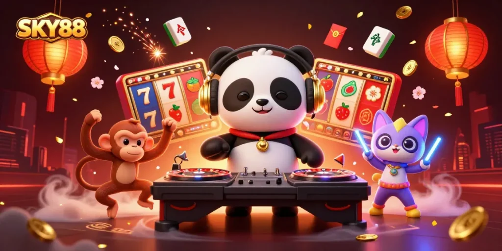Engage with stimulating SKY88 adventures through vibrant casino-themed illustrations featuring animated characters and game elements.