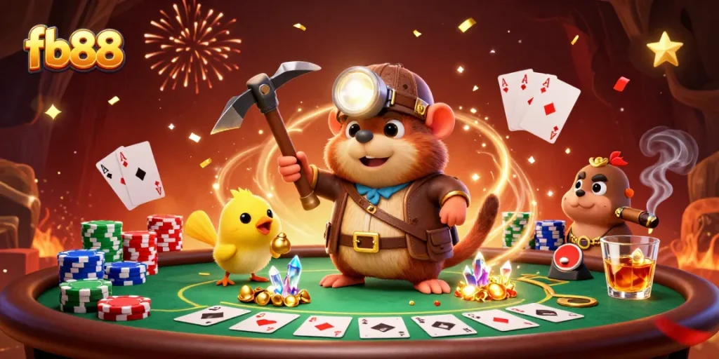 Experience the thrill of gaming with fb88 in this vibrant treasure scene featuring a mole and poker elements.